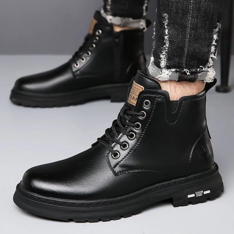 Men's black Martin boots with thick rubber soles and lace-up front, showing round toe and mid-calf design