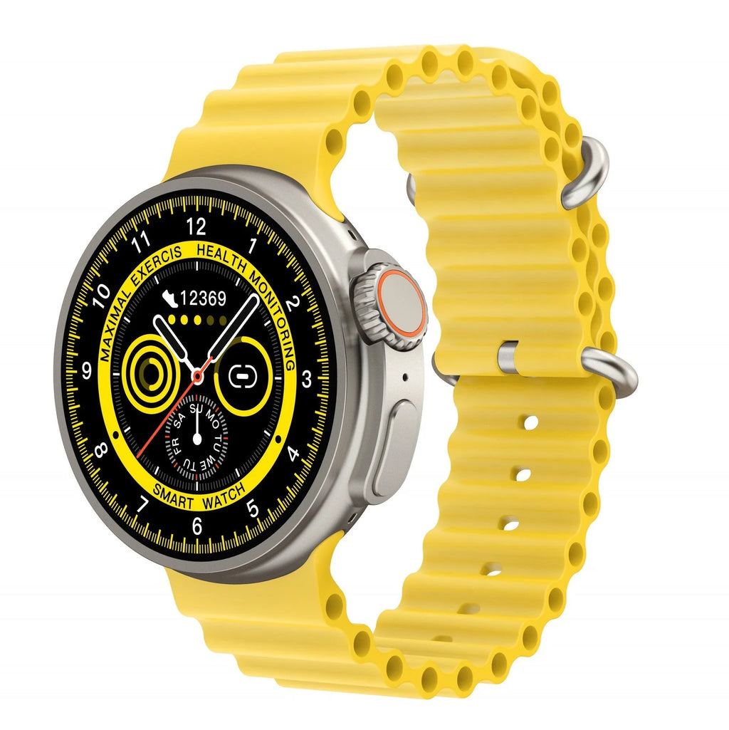 Black K9 smartwatch with round screen on a silicone strap, showing a fitness tracking display.