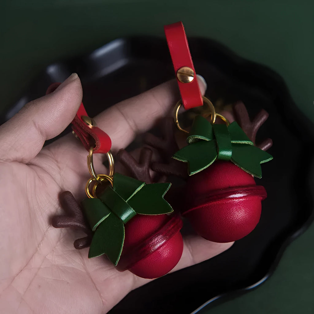 Christmas elk bells decoration on first layer of cowhide car pendant keychain