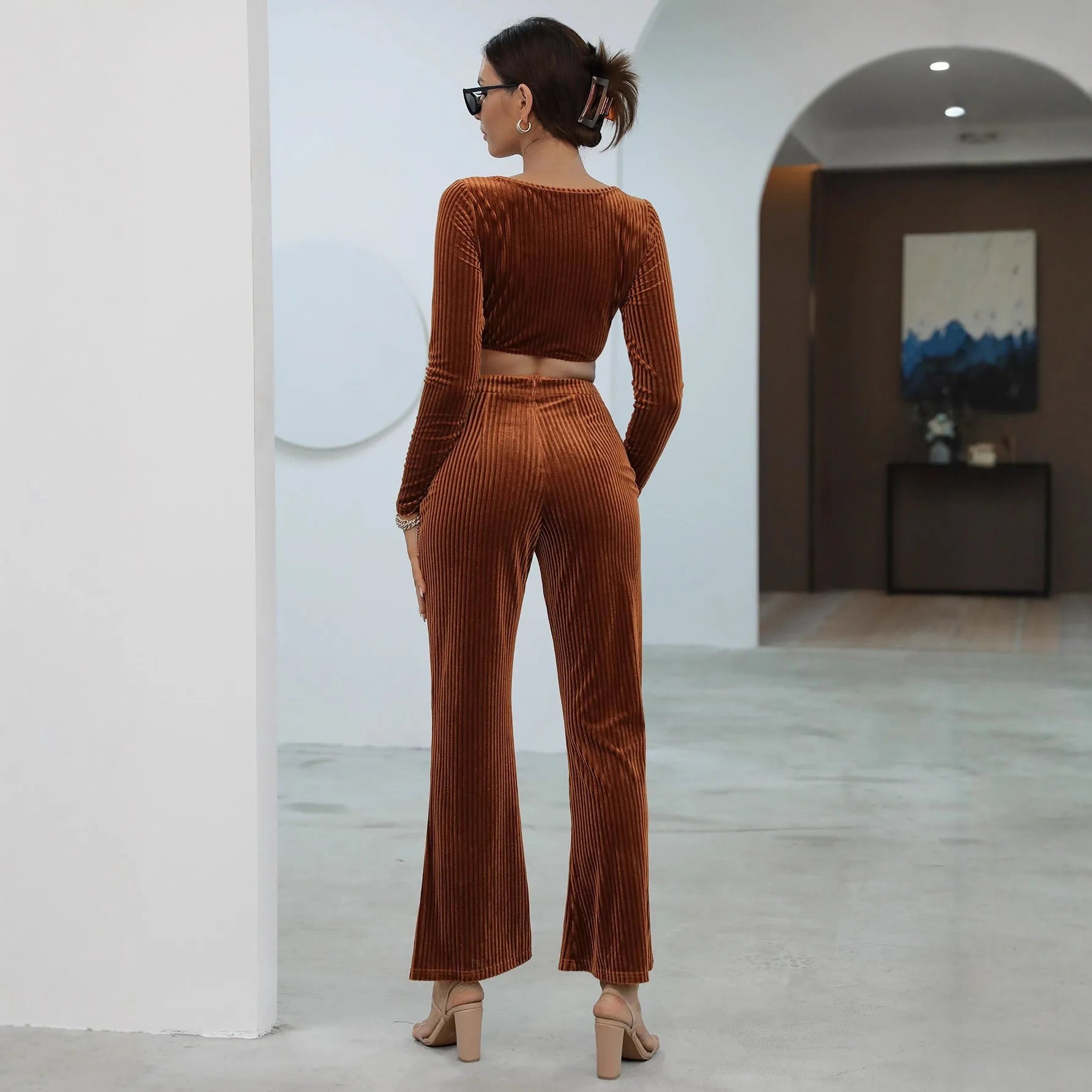 Women's caramel coloured long sleeve sweater and matching trousers casual set