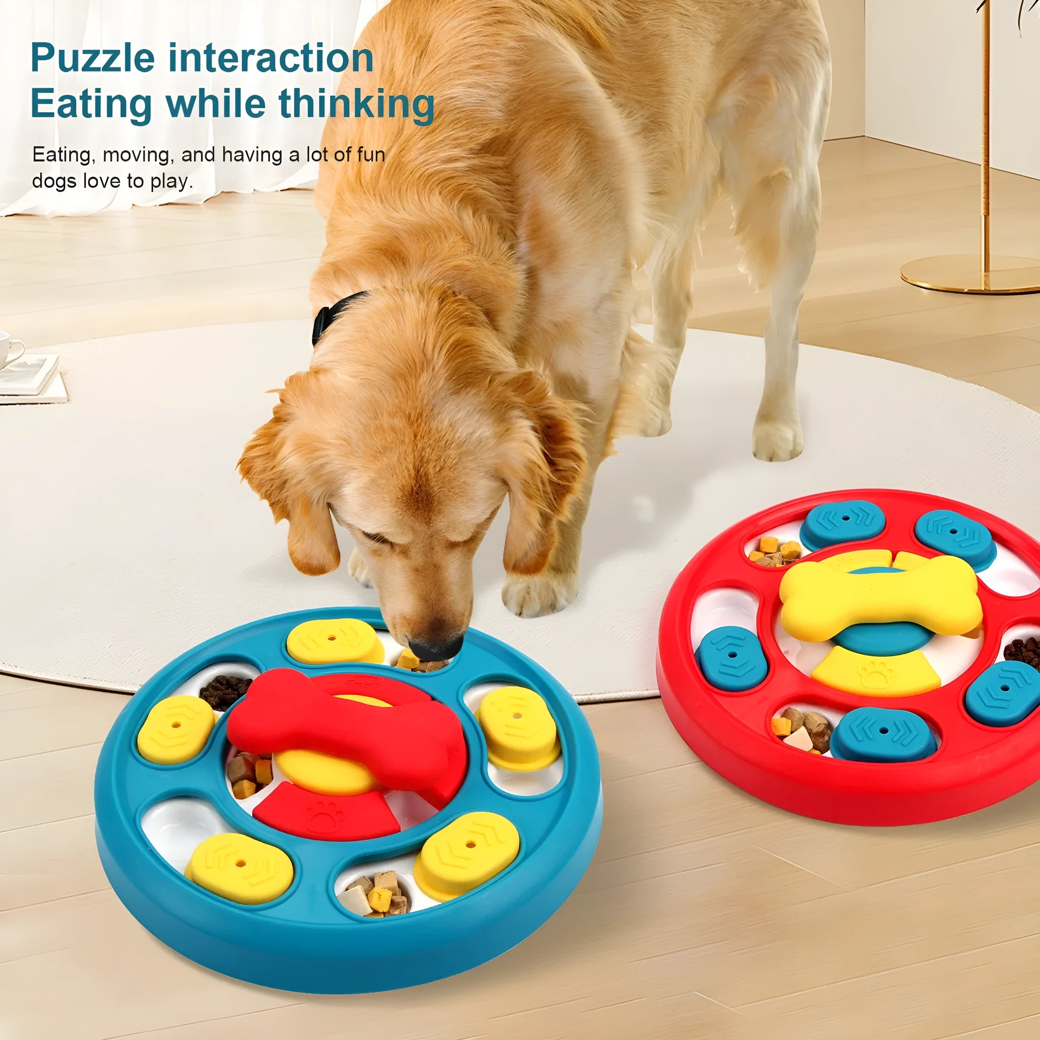 Leak-proof plastic dog feeding puzzle spinner toy in blue on a light background