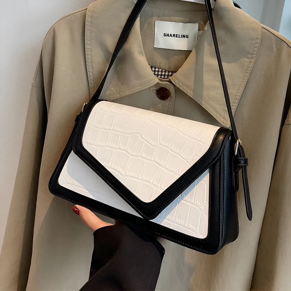 Horizontal square PU leather shoulder bag with stone pattern in black, white, khaki or creamy-white