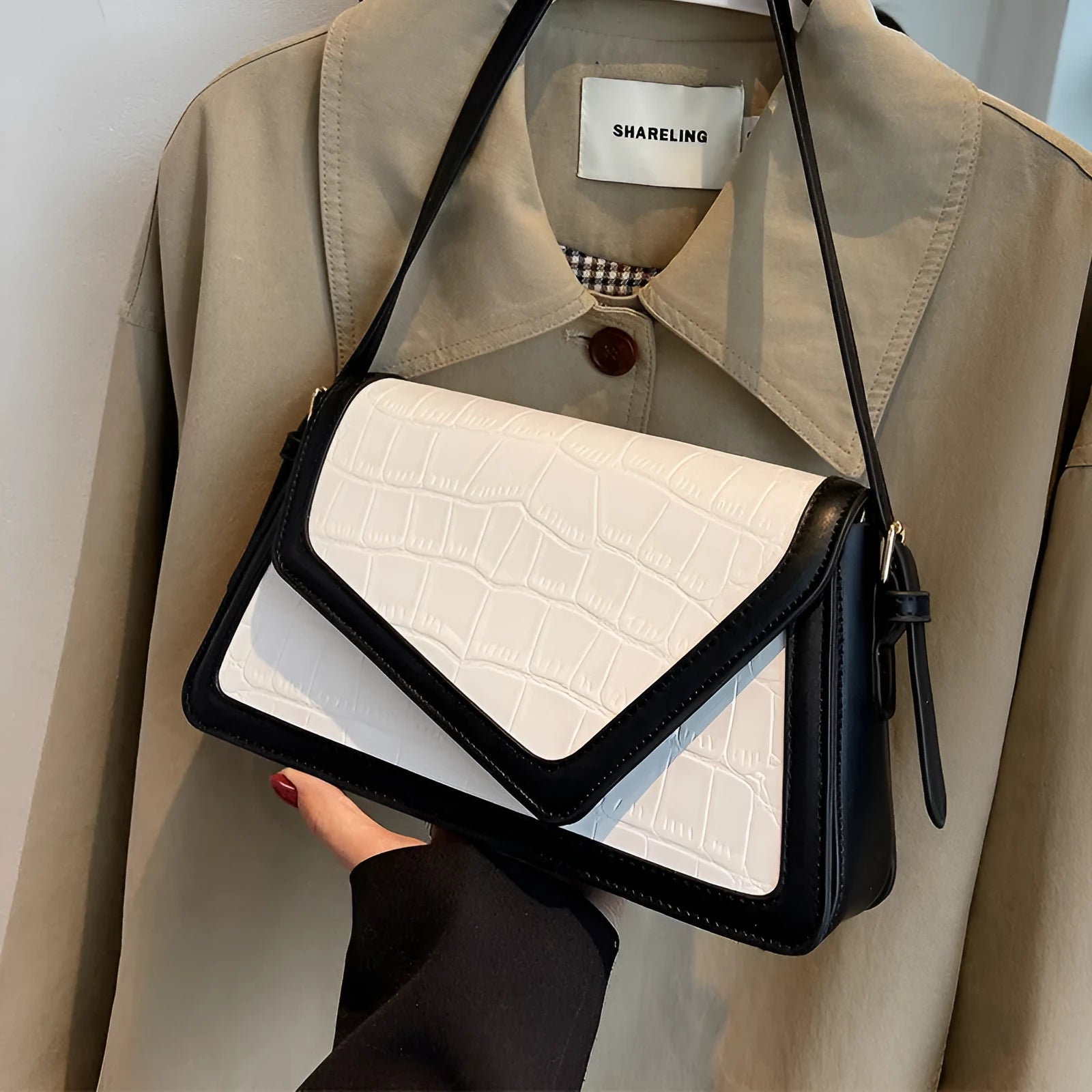 Horizontal square PU leather shoulder bag with stone pattern in black, white, khaki or creamy-white