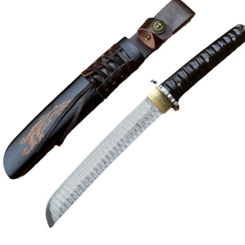 Damascus wooden sheath knife with keel-integrated full-tang blade and 62-degree knifepoint for outdoor camping