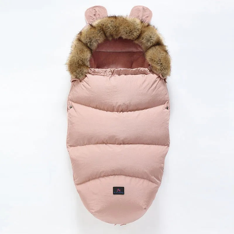 Baby stroller sleeping bag in silkworm cocoon style, shown in a colour option, measuring 100 by 48 centimetres.