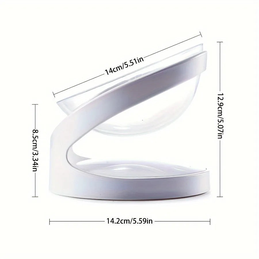Clear plastic elevated cat food bowl with a tilted feeding platform.
