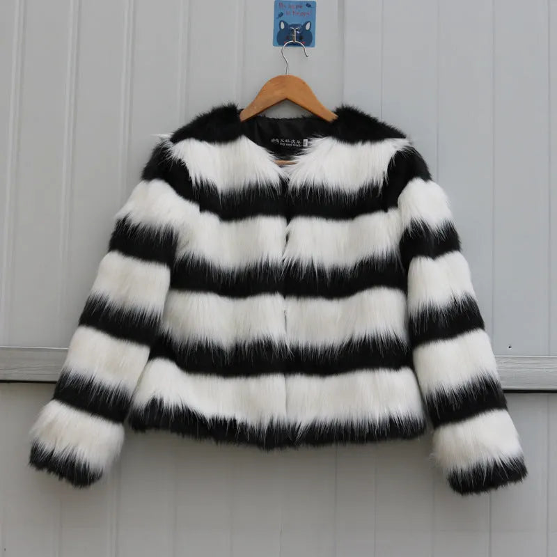 Black and white striped faux fur leather jacket for women, long sleeved