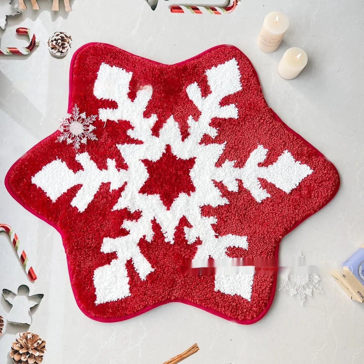 Christmas round carpet with festive printed design on soft polyester fibre, square size option shown.