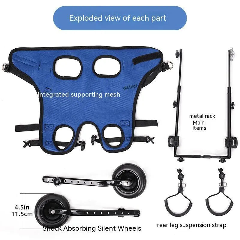 Blue dog wheelchair scooter made from aluminium alloy, PP, and polyester, available in sizes S, M, and XS.