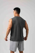 Men's black Korean style fitness vest with hidden hook side openings and loose fit design