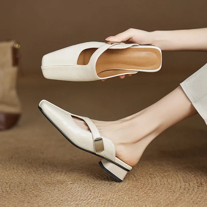 British style square toe low heel outdoor slippers in black, beige and silver colours.