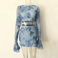 Ladies embroidered flower backless T-shirt skirt suit in apricot, blue, and rose red with long bell sleeves