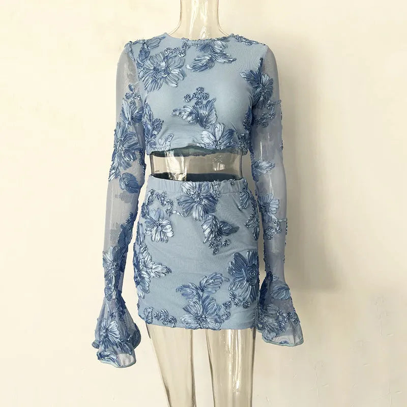 Ladies embroidered flower backless T-shirt skirt suit in apricot, blue, and rose red with long bell sleeves