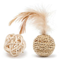 Two cat toy balls: one rattan sphere and one faux feather ball with bell, shown in primary colours