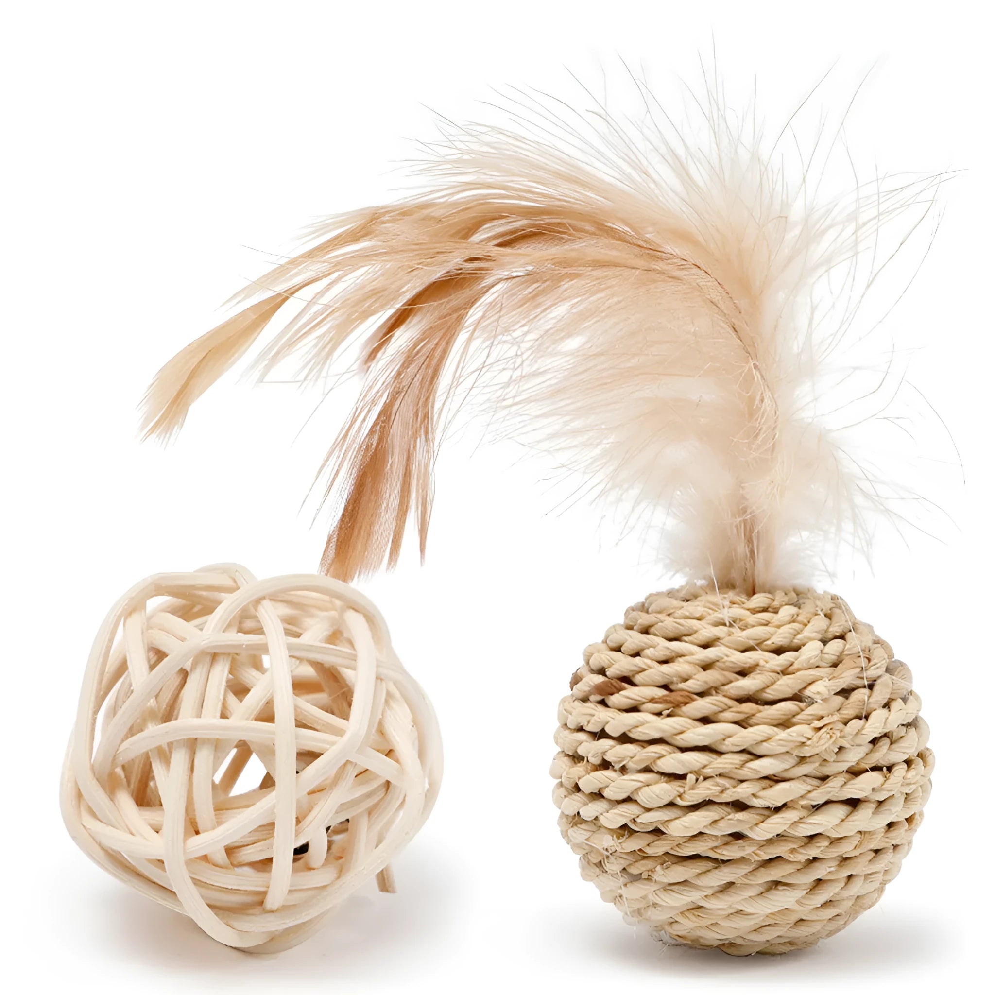 Two cat toy balls: one rattan sphere and one faux feather ball with bell, shown in primary colours