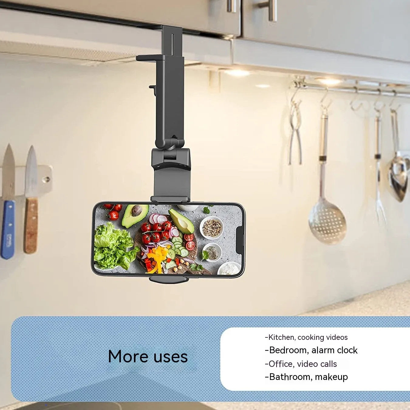 Foldable rotating phone holder in black, grey, or green colours showing universal smartphone compatibility