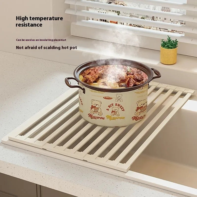 Foldable milky white stainless steel kitchen draining rack with tri-fold design
