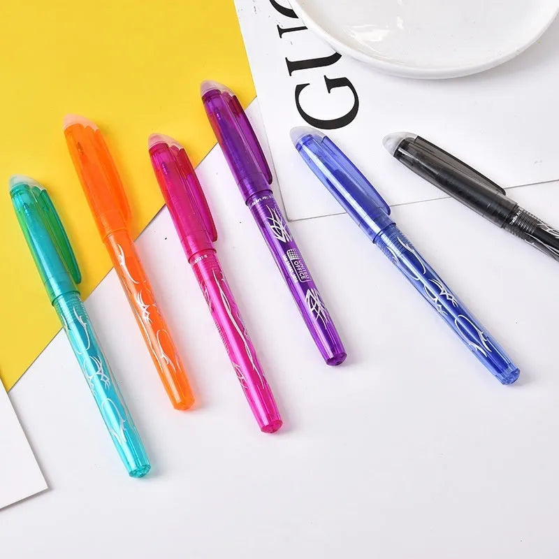 Set of hot erasable gel pens in multiple colours with plastic shells and stainless steel nibs.