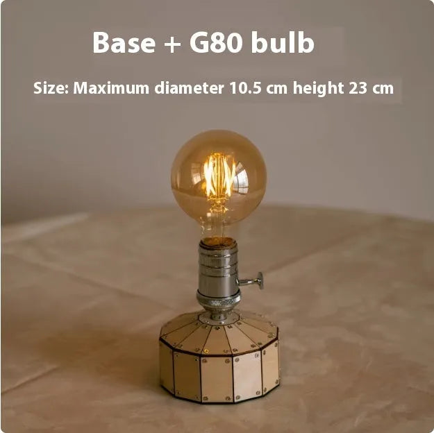 Retro desk lamp with glass shade on wooden base, USB rechargeable for bedside or living room