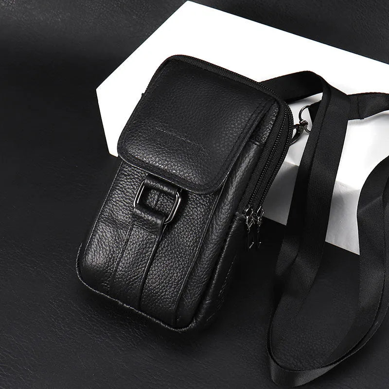Genuine leather men's mobile phone waist bag in square vertical shape with sewing line detailing black large size