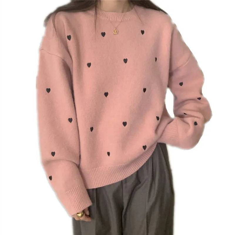 Women's loose fit acrylic pullover sweater with love pattern embroidery in milky white colour
