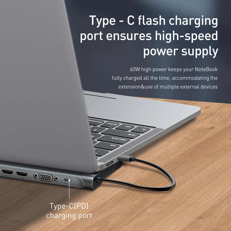 Grey aluminium alloy ten-port USB C docking station with cooling bracket showing HDMI, VGA and Ethernet ports