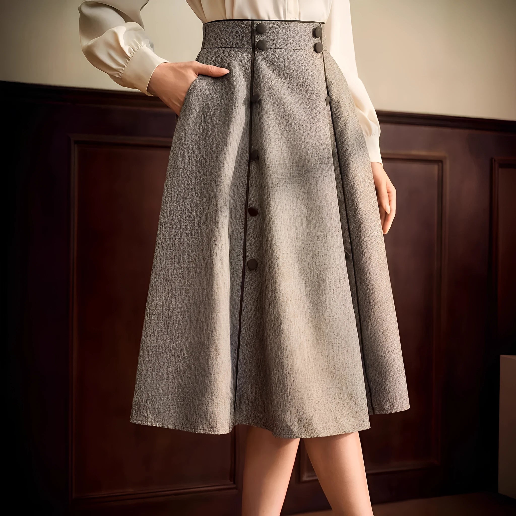 Khaki high-waisted A-line skirt for women with three-dimensional decoration in S to XL