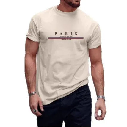 Men's loose fit short sleeve T-shirt with a letter print, shown in apricot colour.