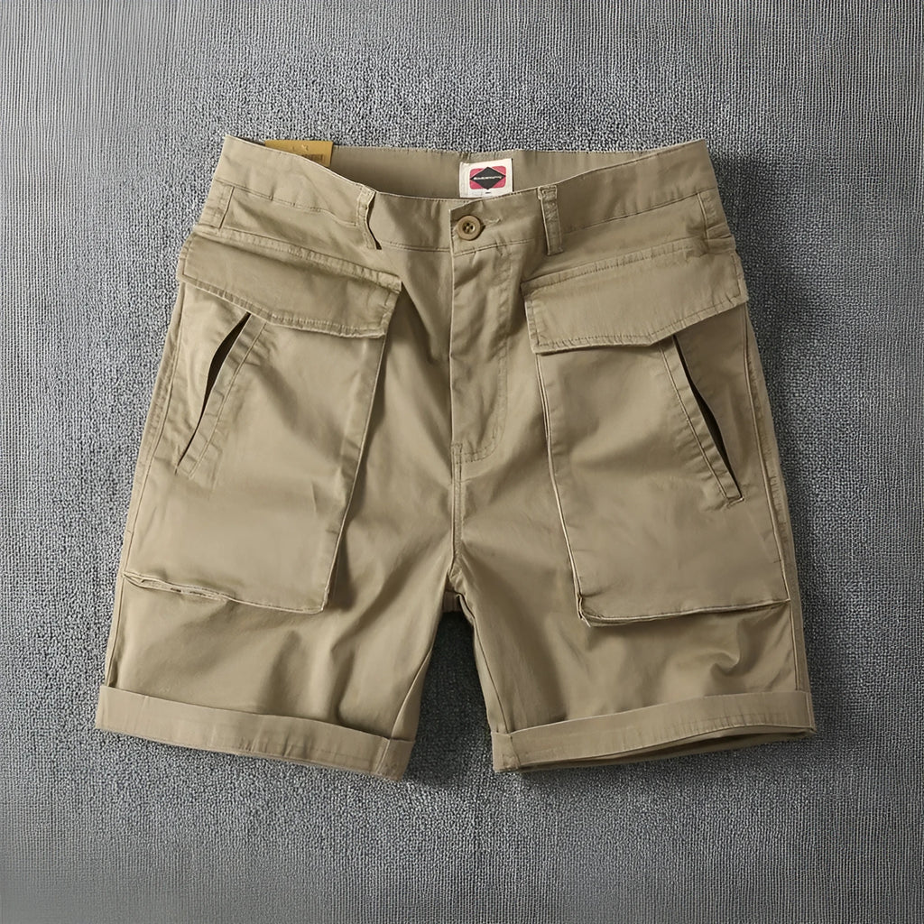 Men's cotton cargo shorts with multiple pockets in khaki colour with straight leg design