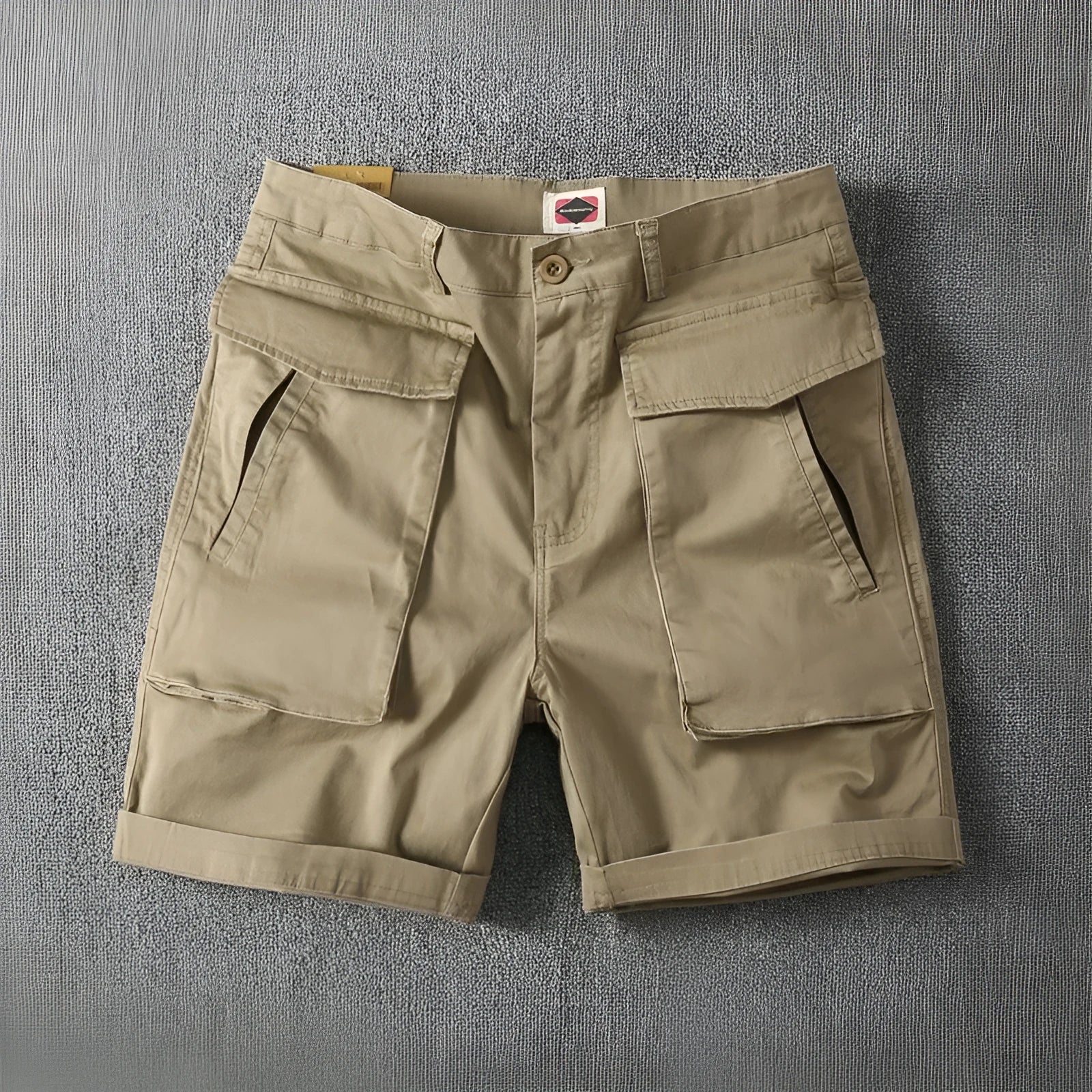 Men's cotton cargo shorts with multiple pockets in khaki colour with straight leg design