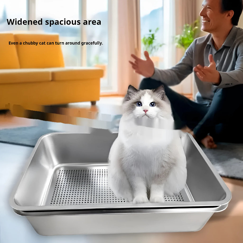 Extra large leak-proof sand filtering detachable open cat litter box with stainless steel basin
