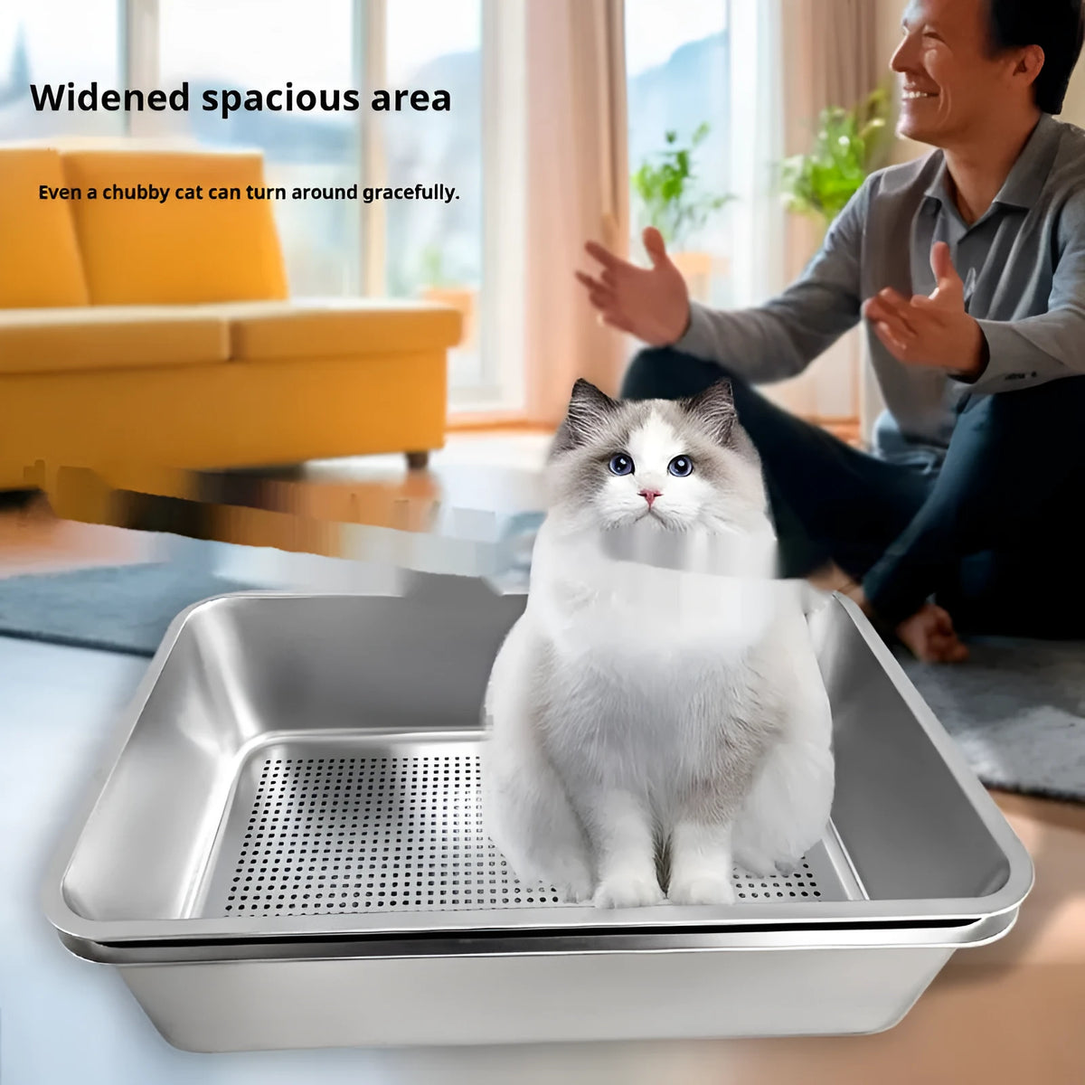 Extra large leak-proof sand filtering detachable open cat litter box with stainless steel basin