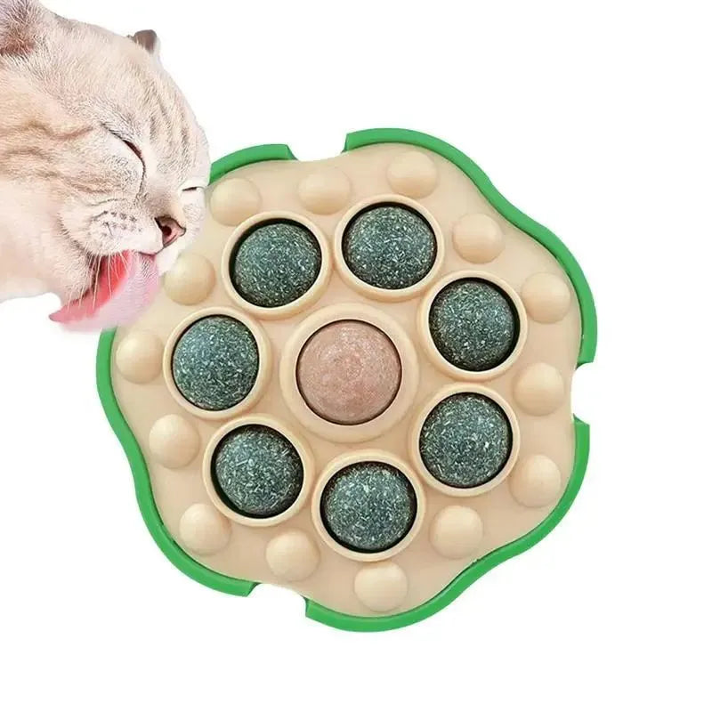 Green lotus design catnip ball toy sticking on wall for indoor feline play