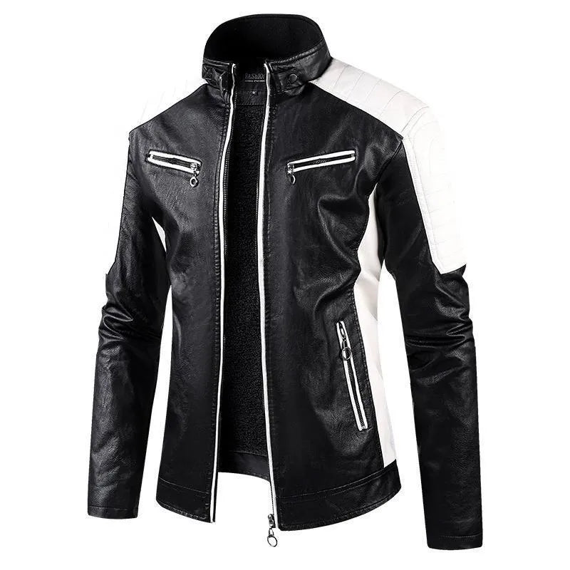 Men's PU leather coat with fleece lining, zipper pockets, retro straight hem, available in multiple colours
