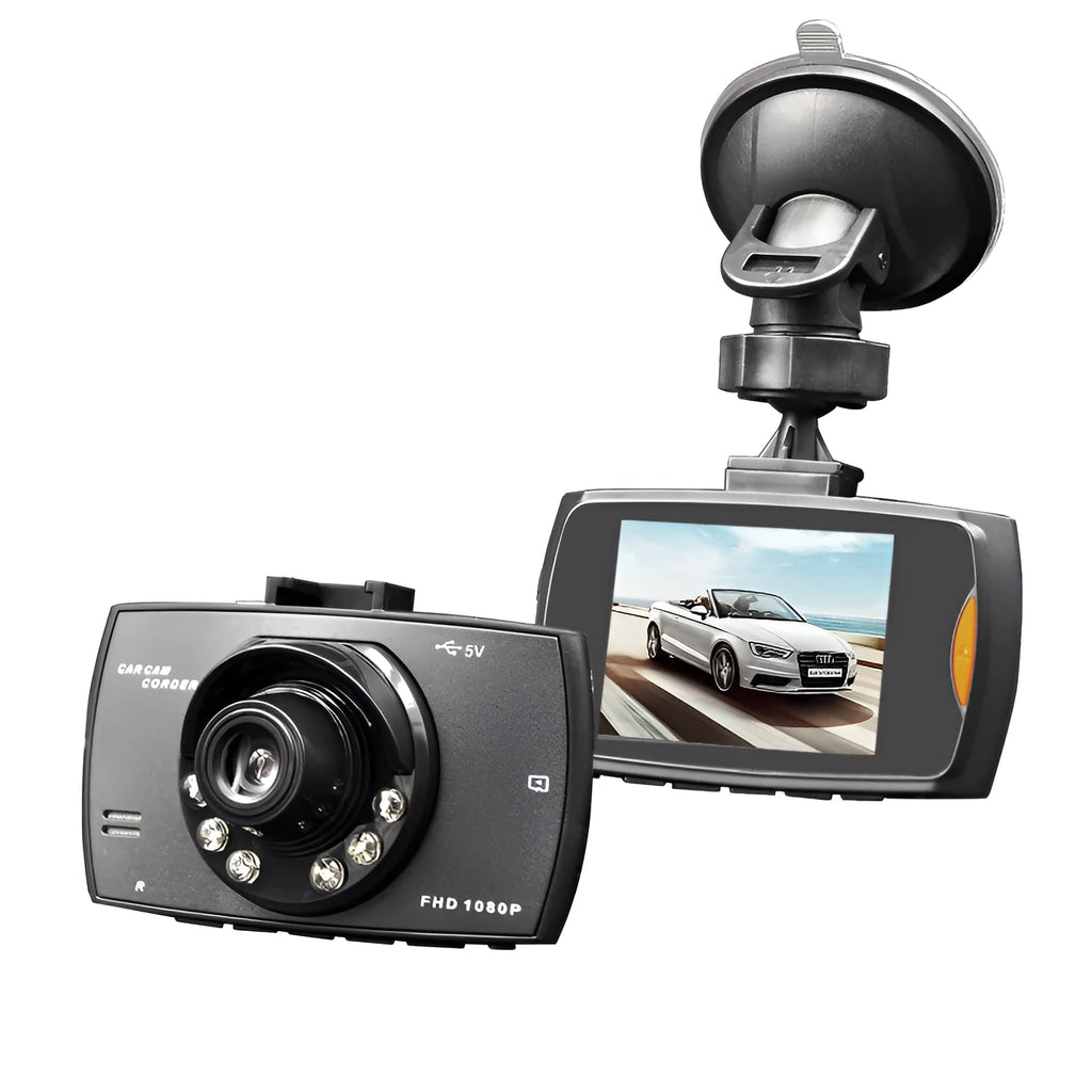 G30 HD dual camera car DVR dashboard recorder mounted on windscreen with rear camera view on display.