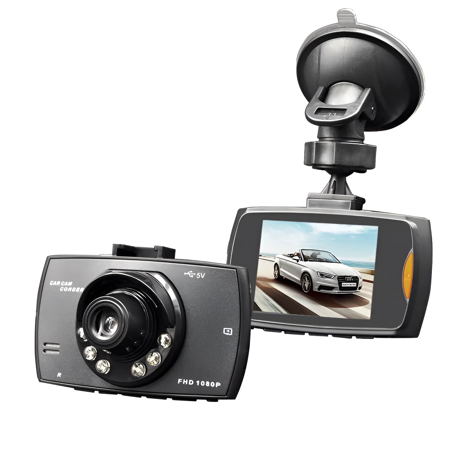 G30 HD dual camera car DVR dashboard recorder mounted on windscreen with rear camera view on display.