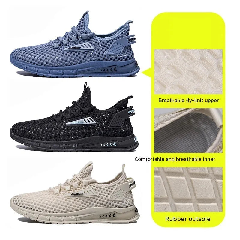 Men's beige casual sneakers with synthetic leather upper and mesh detailing, showing lace-up front and low-profile EVA sole.