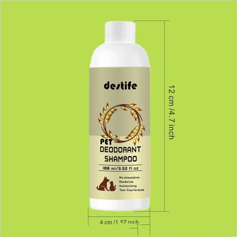100ml bottle of pet shampoo and conditioner for dogs and cats with deodorising and shed control properties