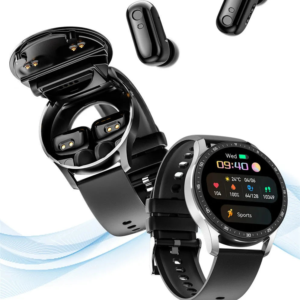 Black X7 smartwatch with integrated TWS earphones on a wrist, showing its 1.32-inch touchscreen and zinc alloy case.