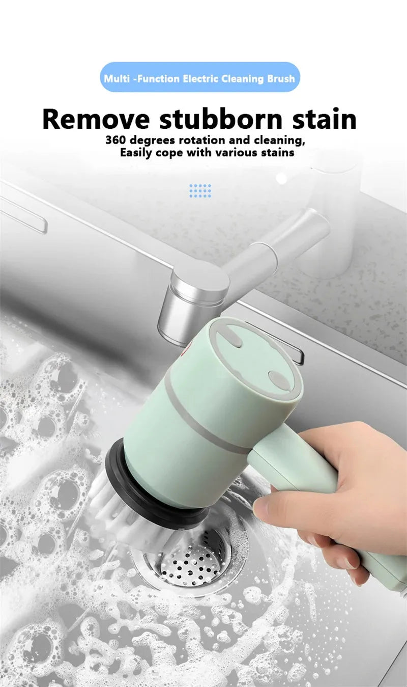 Cordless electric cleaning brush with three interchangeable heads, USB rechargeable plastic scrubber, 224 x 119mm