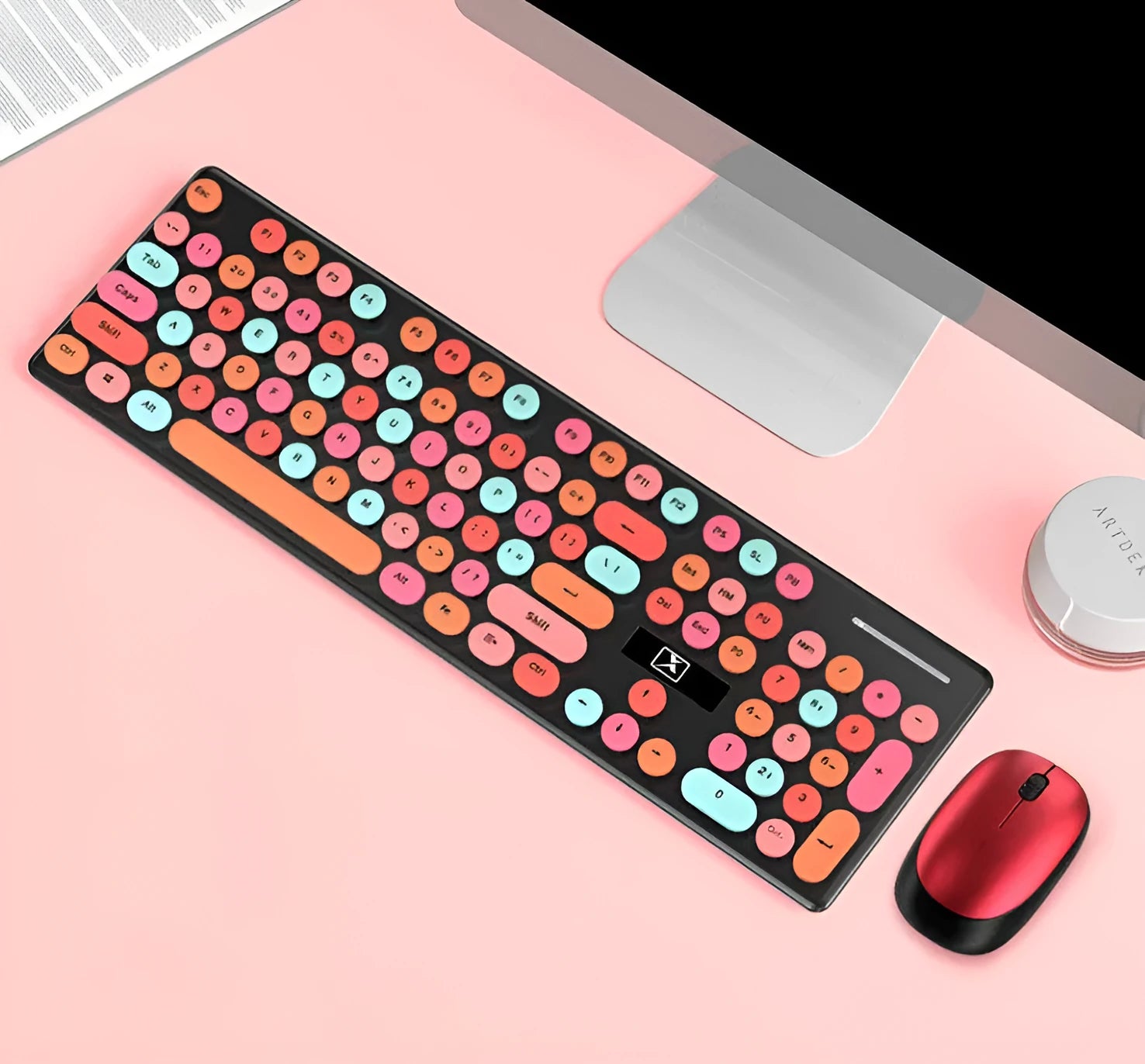 Xinmeng N620 Vibrant Yellow wireless keyboard and mouse set with backlight on desk