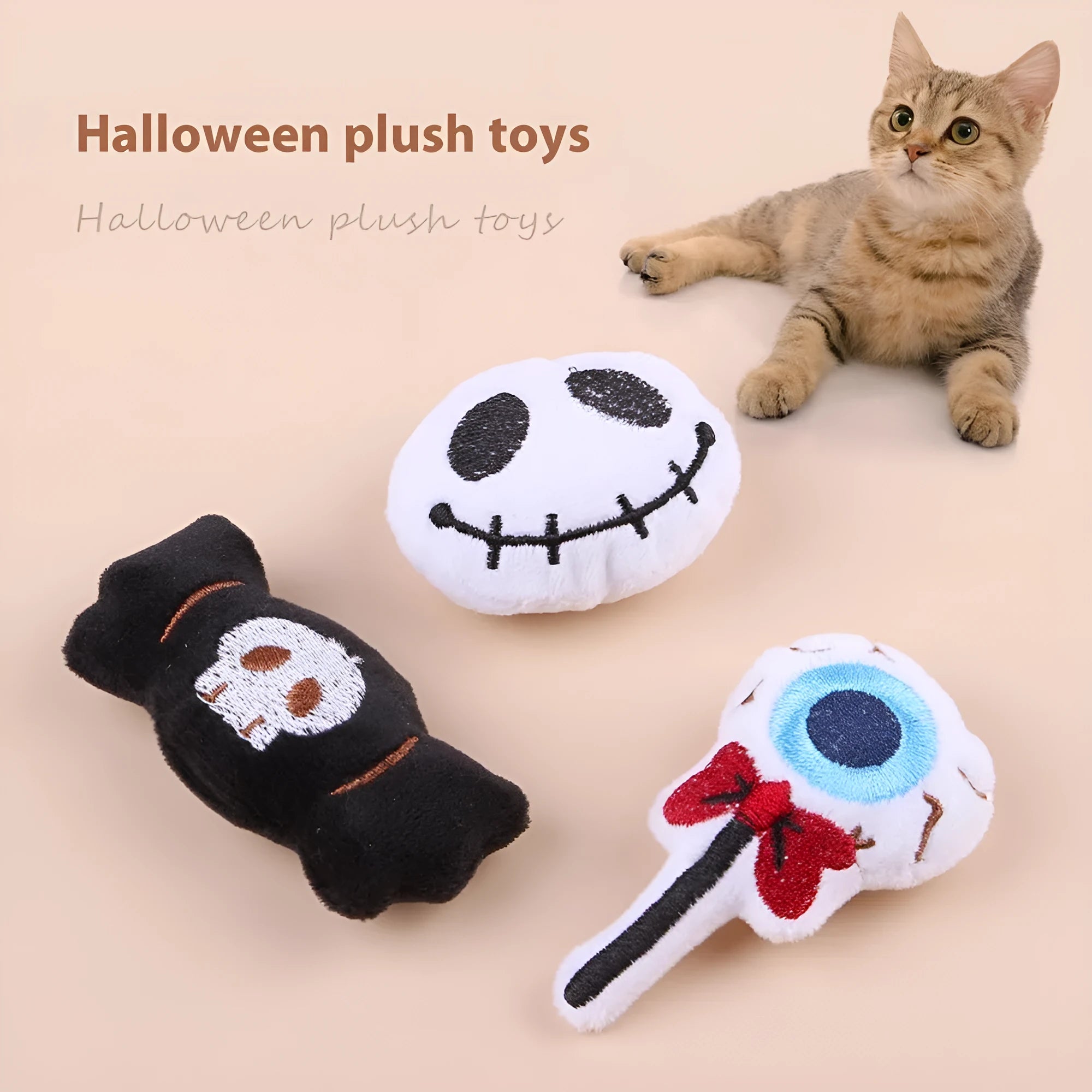 Small plush cat teaser wand toy with colourful candy or eyes design for interactive pet play.
