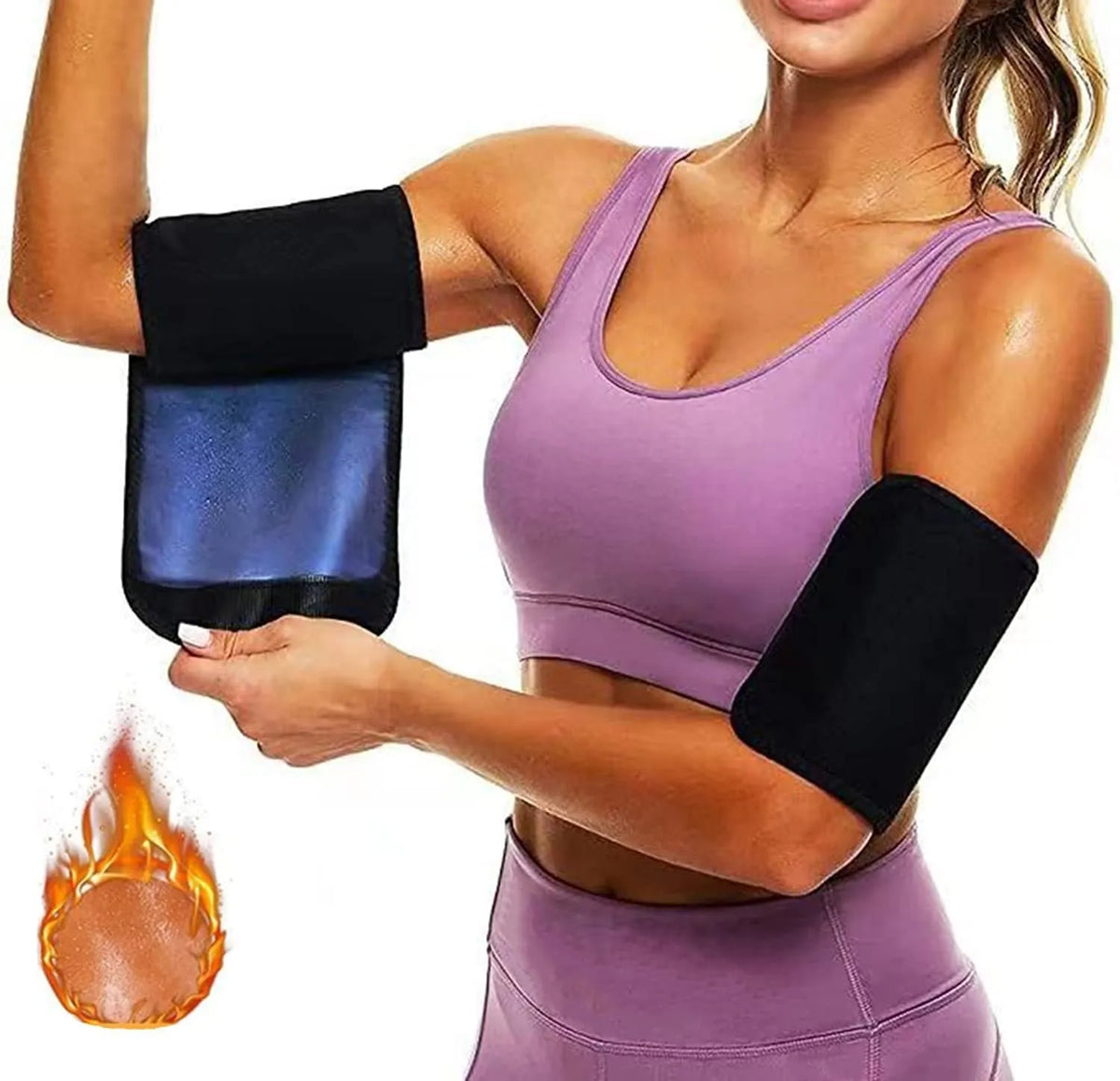 Blue and silver sports arm sweatband shown on an arm, with sizing options available.