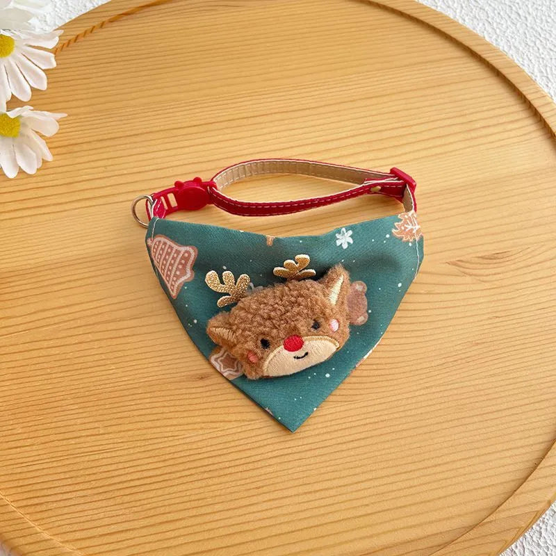 Red Christmas pet handkerchief scarf with Santa Claus and Christmas tree appliques, adjustable collar fit 9.06-15.75 inches.