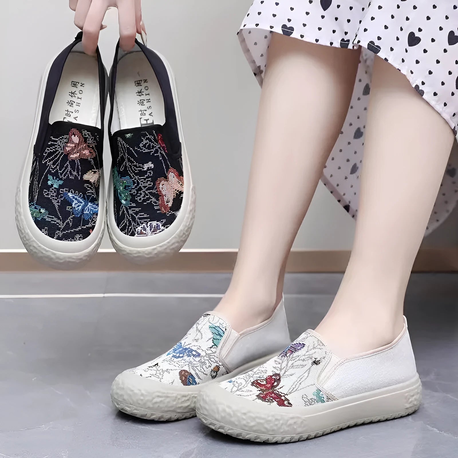 Old Beijing women's slip-on canvas shoes in black or white with a round toe and shallow cut.