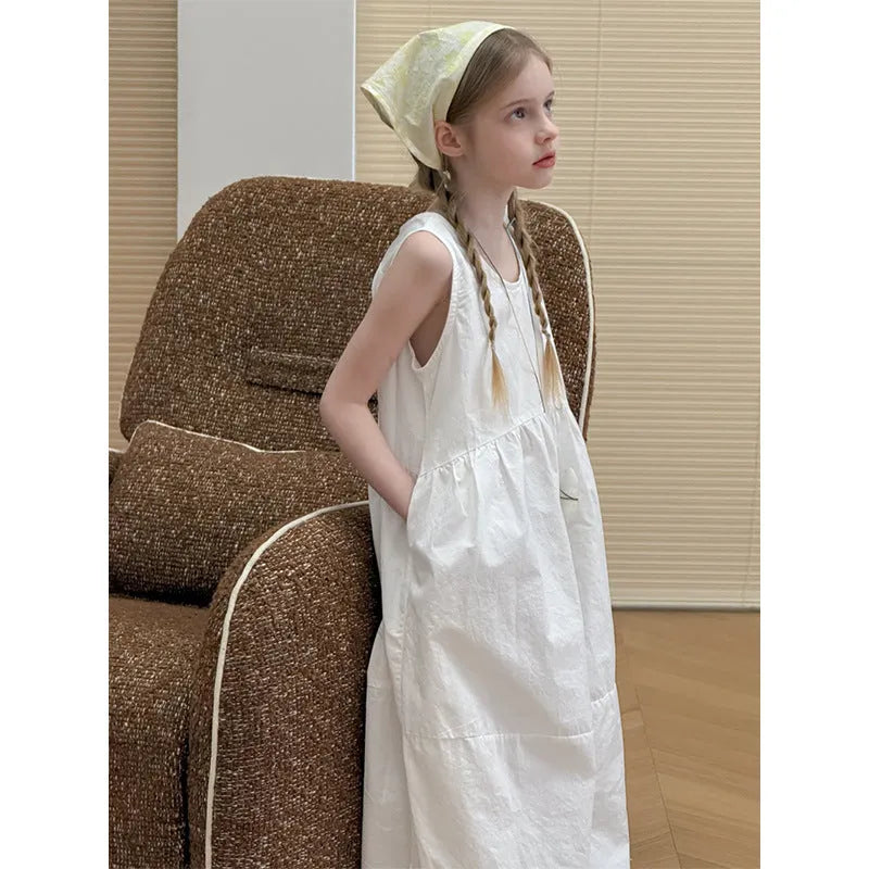 Girls white cotton suspender dress with dot pattern, summer French style, sizes 90cm to 150cm
