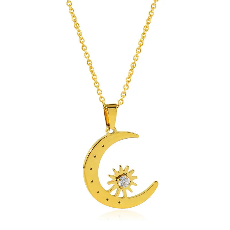 Titanium steel star moon pendant necklace for women, available in steel or gold colour, geometric design