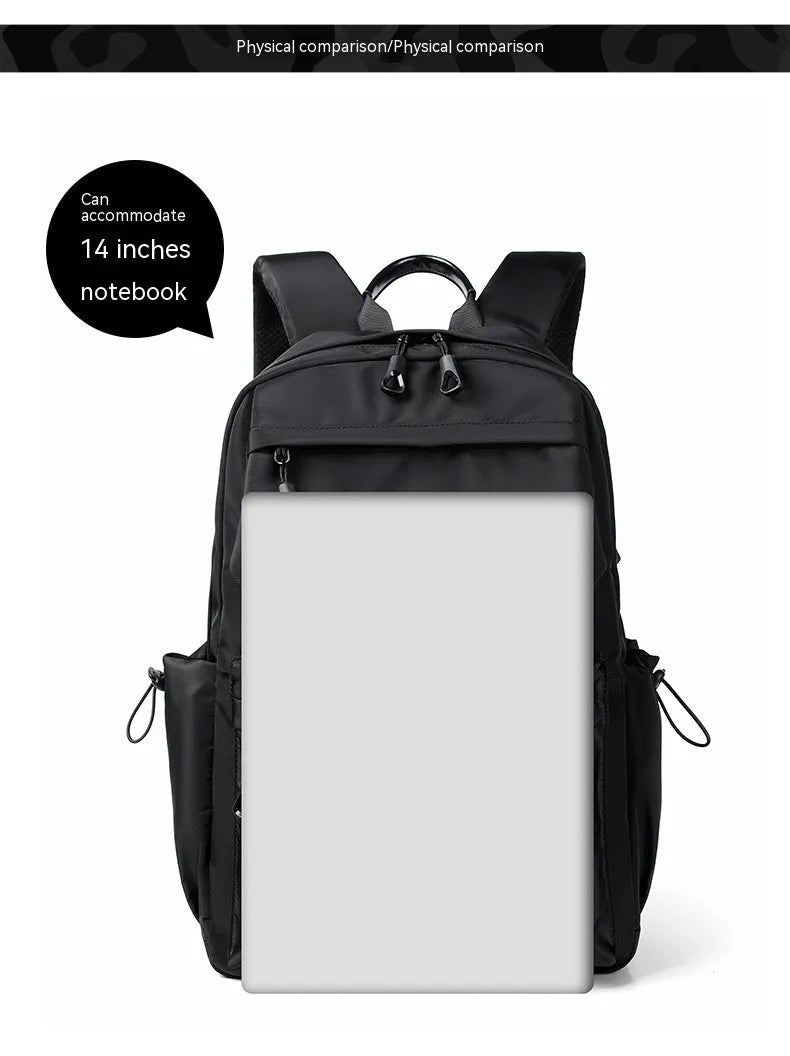Blue Oxford cloth student backpack with anti-theft design and USB charging port, side view