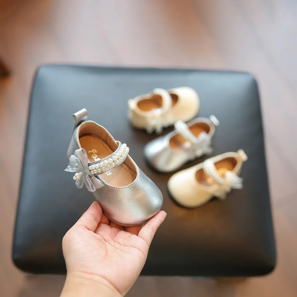 Baby girls' square mouth pumps with bow, synthetic leather, Velcro fastening, non-slip sole, beige or silver