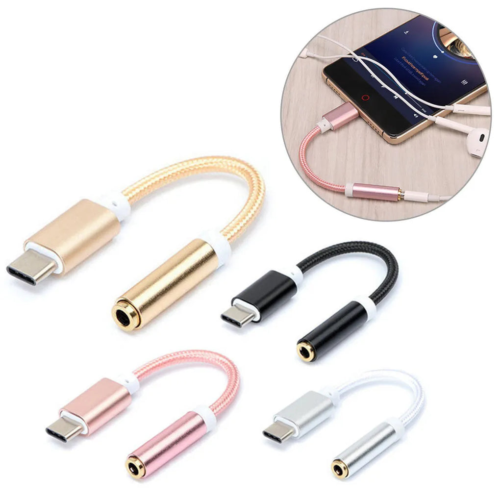 Close-up of a short black nylon braided Type-C to 3.5mm female headphone adapter cable.